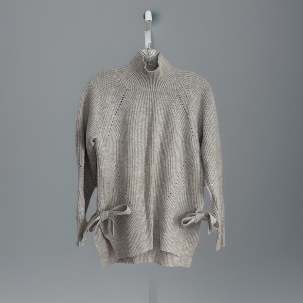 Rebecca Taylor Rib Knit Mock Neck Merino Wool Blend Gray Bow Sweater Womens Sz S